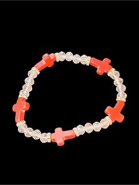 Coral Cross Stretch Bracelet with Clear Crystal Beads